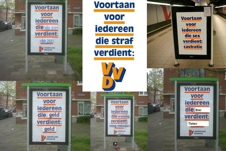 For non-Dutch readers: zon = sun; straf = punishment; geld = money; verdient = derserves & also earns; weinig = litlle; minder = even less; bier = beer; and least: tieten = tits, the rest is international enough to be understood