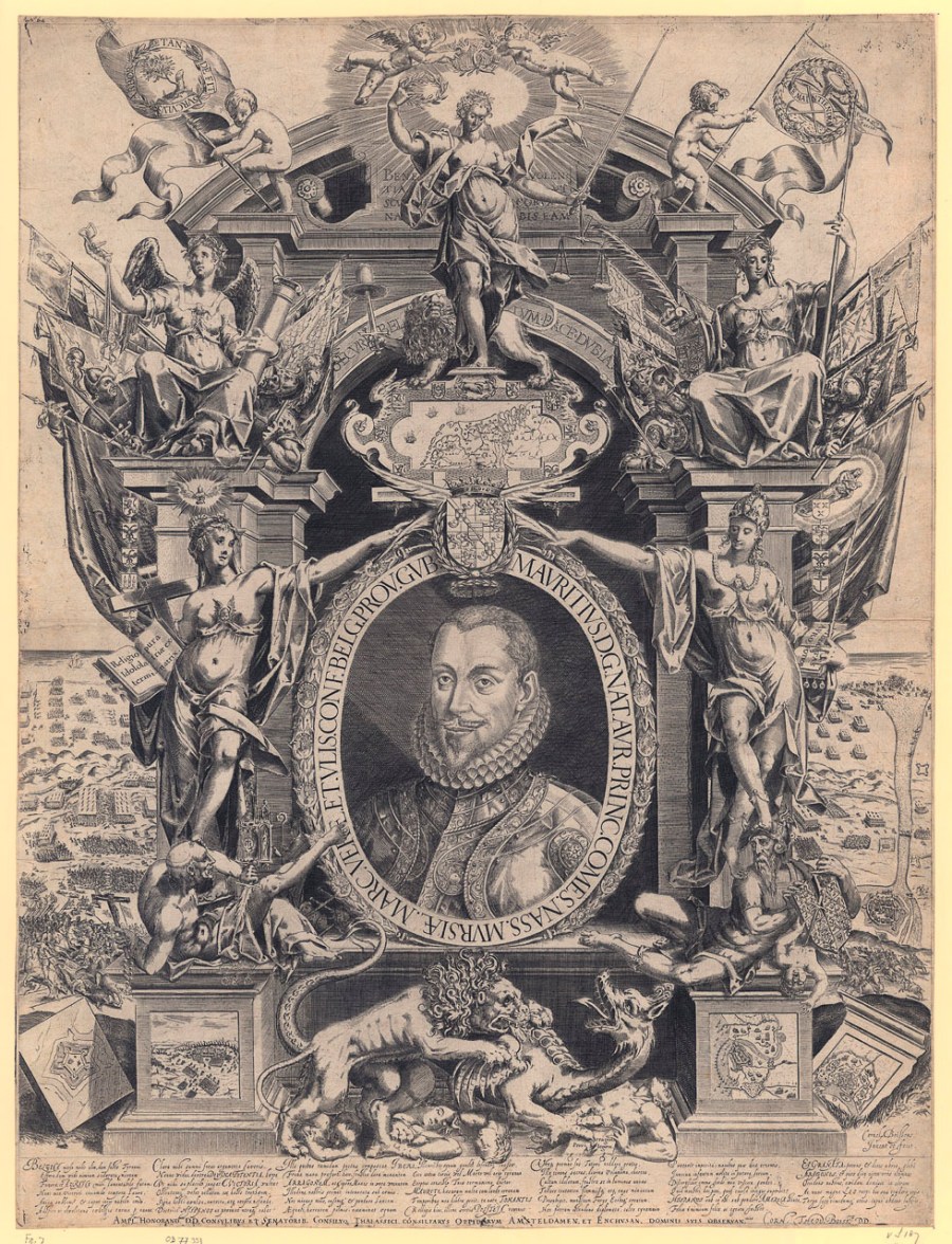 Uit de collectie van het Rijksmuseum een  portret van Maurits met op de achtregrond en op de sokkels beelden van veldslagen, "graaf van Nassau, prins van Oranje, in een allegorische omlijsting. Aan weerszijden van het portret Ware Religie die triomfeert over de Katholieke Kerk en Vrijheid die Tirannie of Geweld vertrapt. Boven andere zegevierende allegorische figuren."