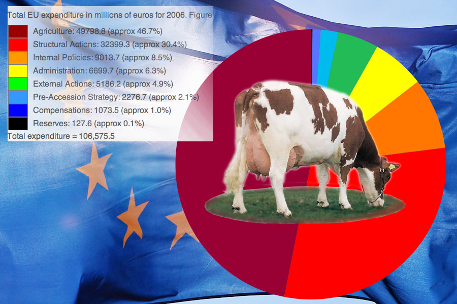 BoterbergEEG Bijna de helft van de Europese begroting betreft landbouw' bron 2006 Wiki Europese Commissie Begroting.