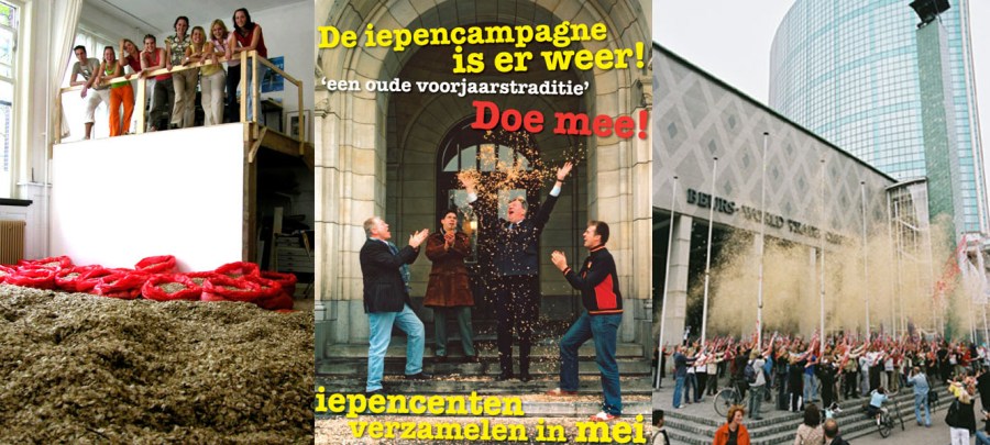 Rotterdam 2005 an artist project introducing a new form of celebration based on the seeds of the elm tree (elm-cents) that are gathered and packed into elm-blossom-shooters and shot into the air at the steps of the local Stock Exchange building.