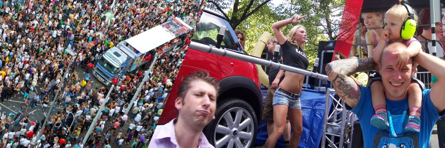 Three images of the Dance Parade Rotterdam  2009 where publicity drives the show and just young ears are protected. 