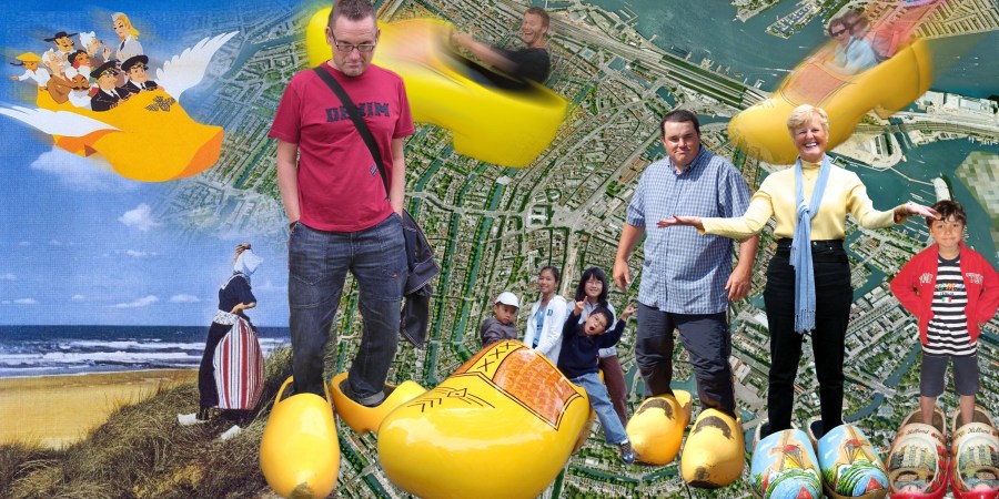 Two KLM posters from the fifties combined (*) with a Google Earth view of Amsterdam and 7 examples of cut-out, non montaged real street photographs of oversized Dutch wooden shoes (klompen) that can be found in all tourists areas of the town outside the shops that sell tourist gadgets; tourist like to pose for their family  or friends in these disproportioned footwear; an uncountable number of such photographs can be found in personal collection all over the world as a reminder of a visit to the city of Amsterdam